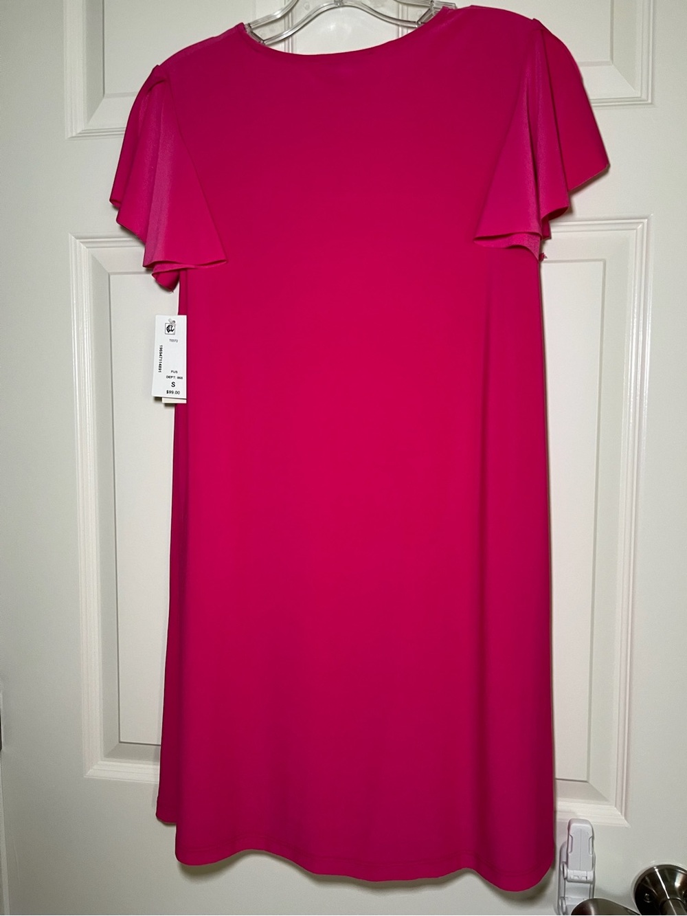Fuchsia Short Flutter Sleeve Jersey Flounce Hem Mini Dress Relaxed A Line Shift - Picture 5 of 8